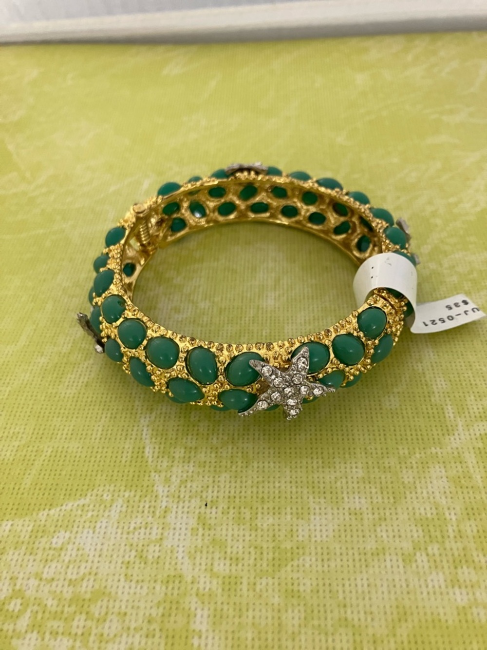 Gold-Tone Teal Green Cabochon  Starfish Hinged Bangle Bracelet